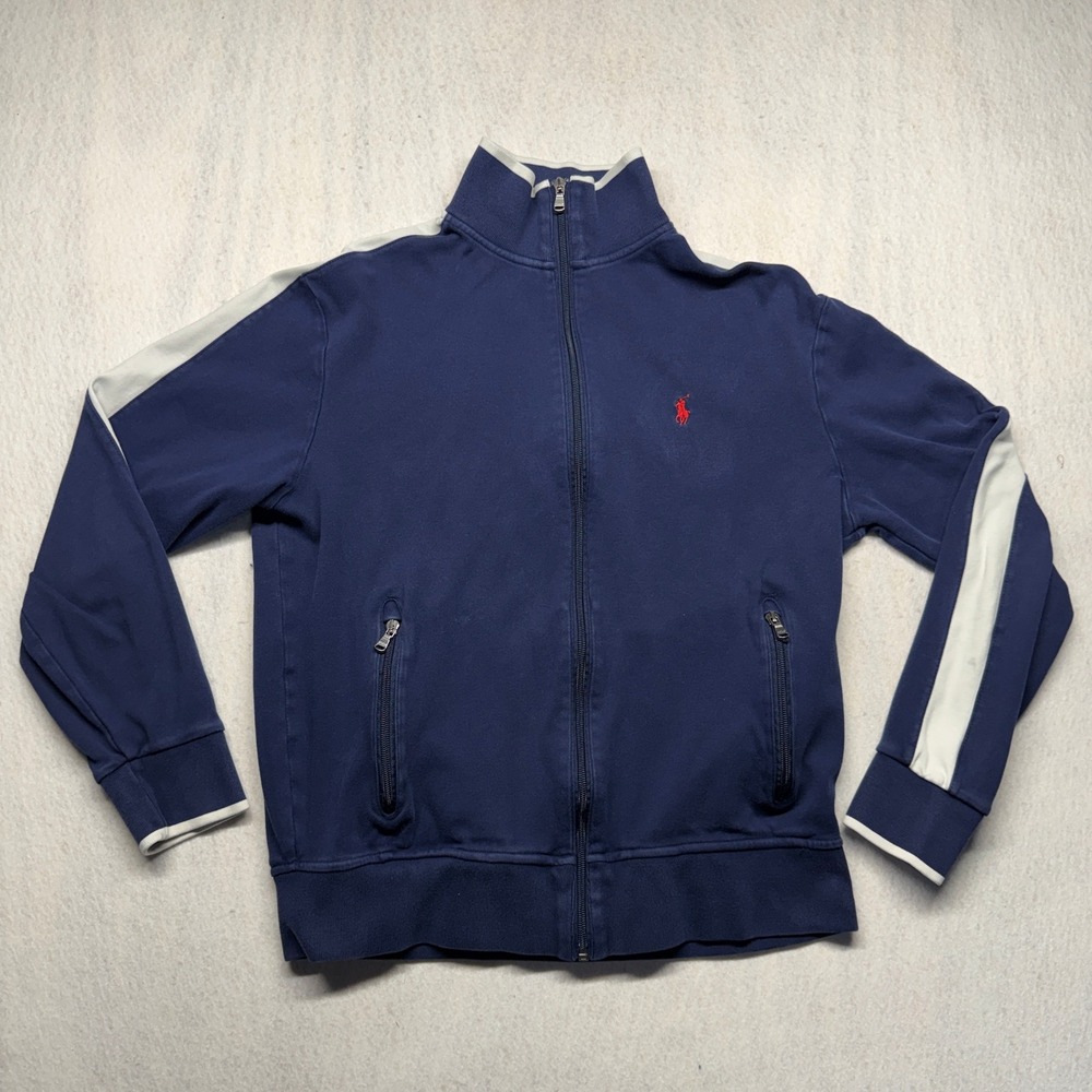 Polo Ralph Lauren Mens Navy Blue Full Zip Track Jacket White Stripe Size M